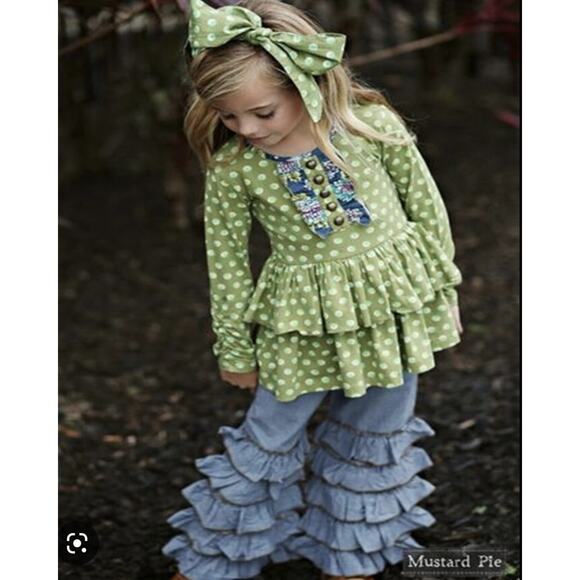 Mustard Pie Green Blue Dot Ruffled Tiered Long Sleeve Knit Tunic Top 6 - Picture 9 of 9